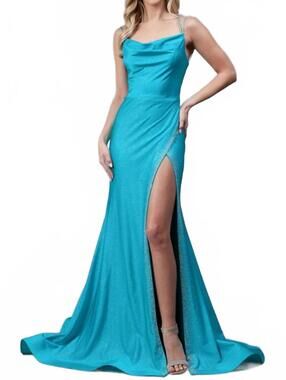 NEW AMELIA COUTURE fitted glitter gown with cowl neck and slit in aqua